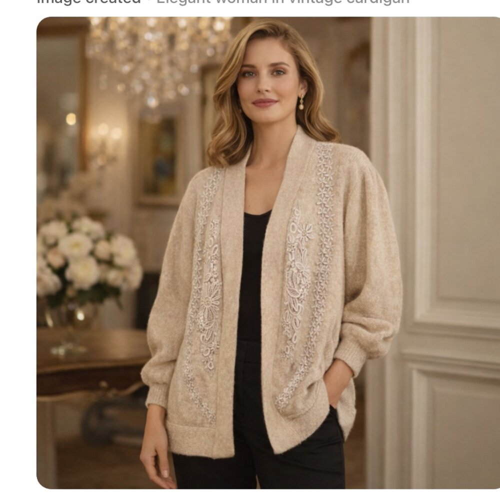 GIZEL Vintage Open Front Embellished Angora Blend Fuzzy Cardigan Sweater L